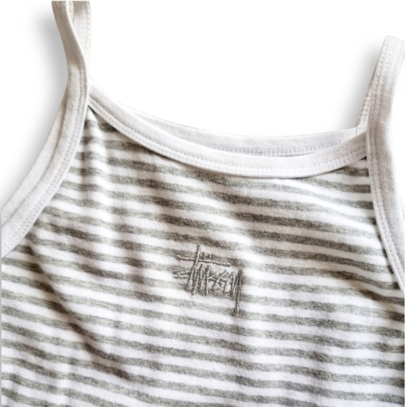 Stussy, grey + white horizontal stripe, high neck, knee-length shirt dress AU 10 - Picture 4 of 6